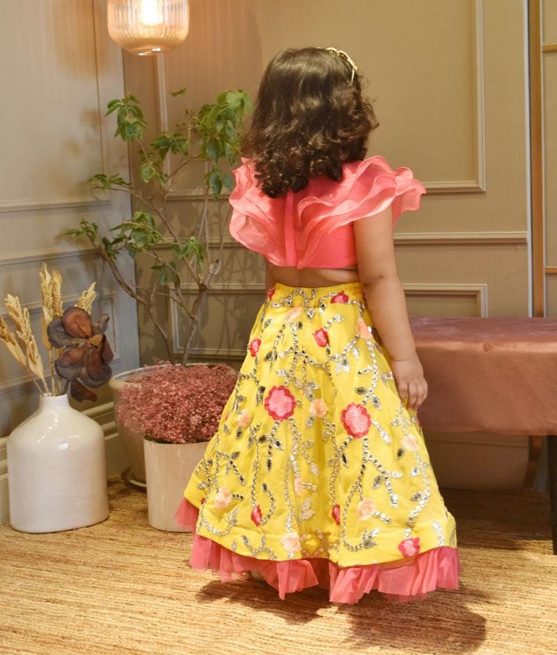 Girl's Pink Organza Frill Top And Yellow Embroidery Lehenga - Fayon Kids - Indiakreations