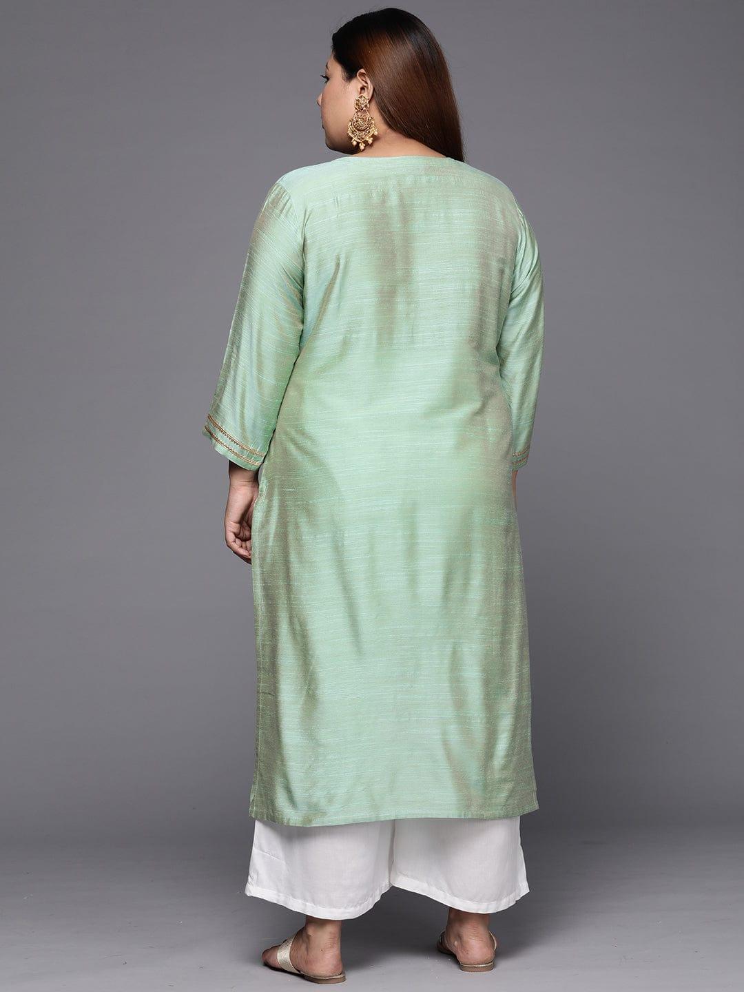 Varanga Women Plus Size Sea Green Floral Embroidered Thread Work Kurta - Indiakreations