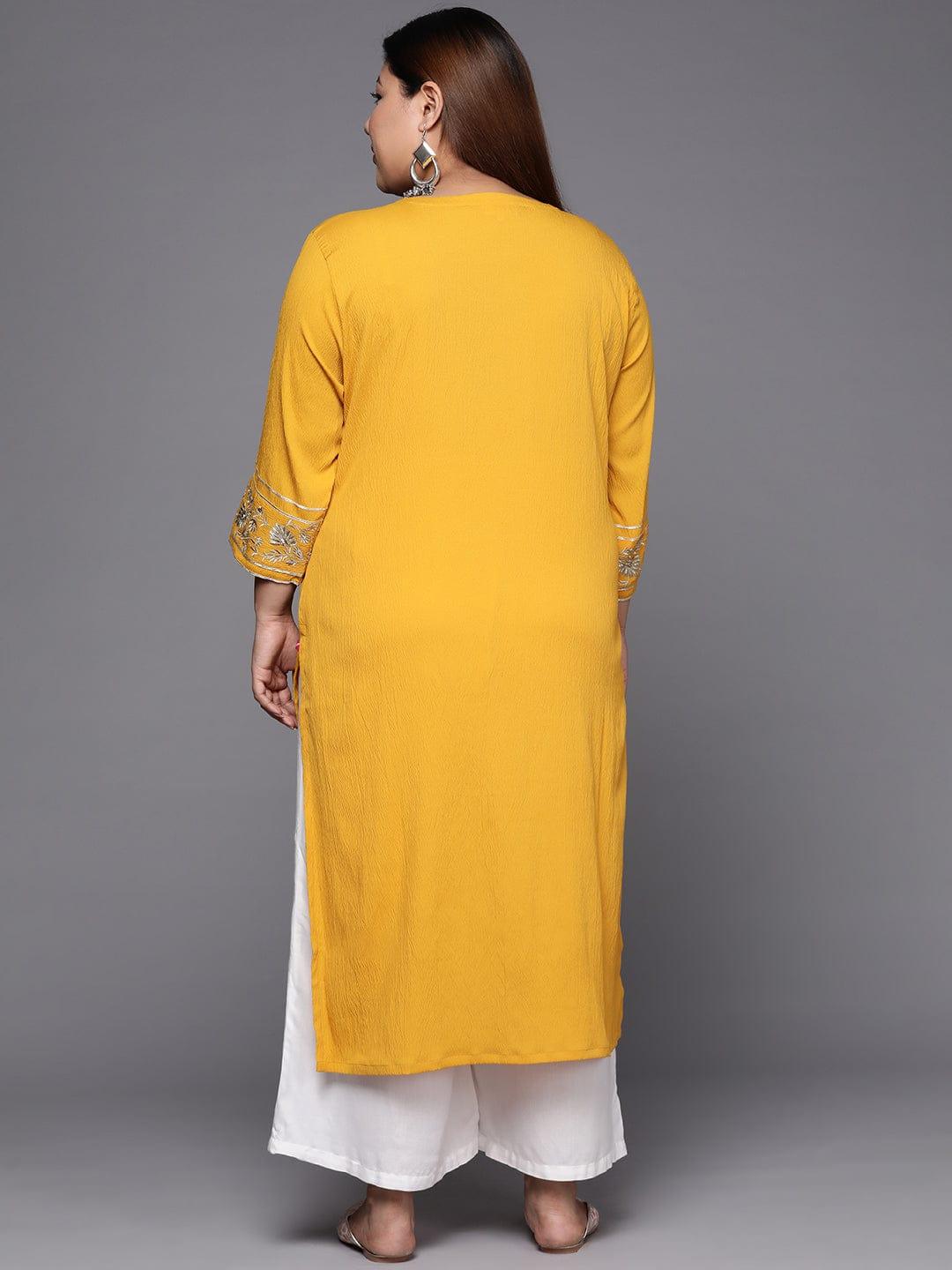 Varanga Women Plus Size Yellow & Gold-Toned Floral Embroidered Crepe Kurta - Indiakreations