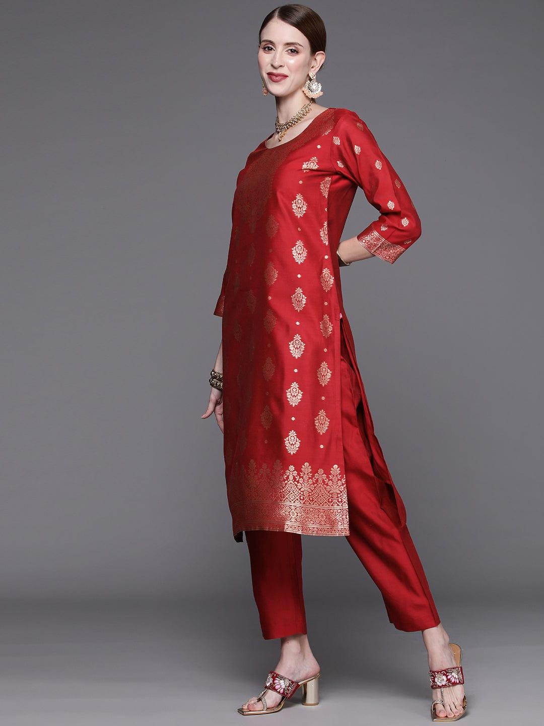 Varanga Women Red & Golden Kurta with Trousers & With Dupatta - Indiakreations