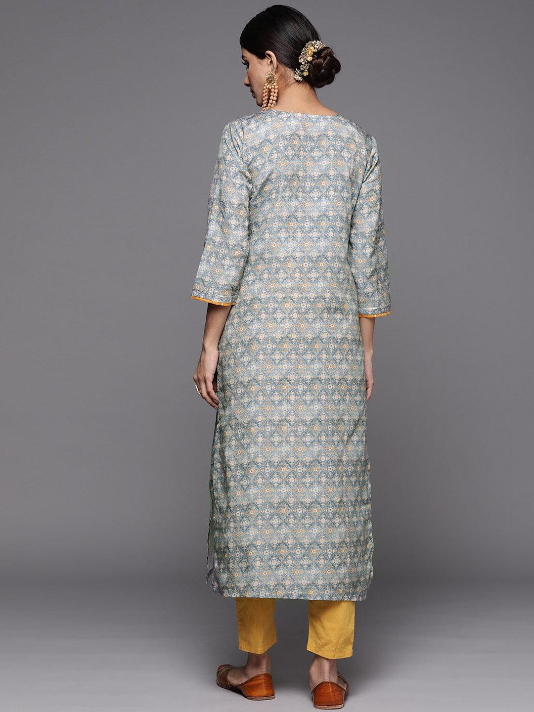 Varanga Women Grey & Mustard Yellow Ethnic Motifs Printed Thread Work Kurta - Indiakreations