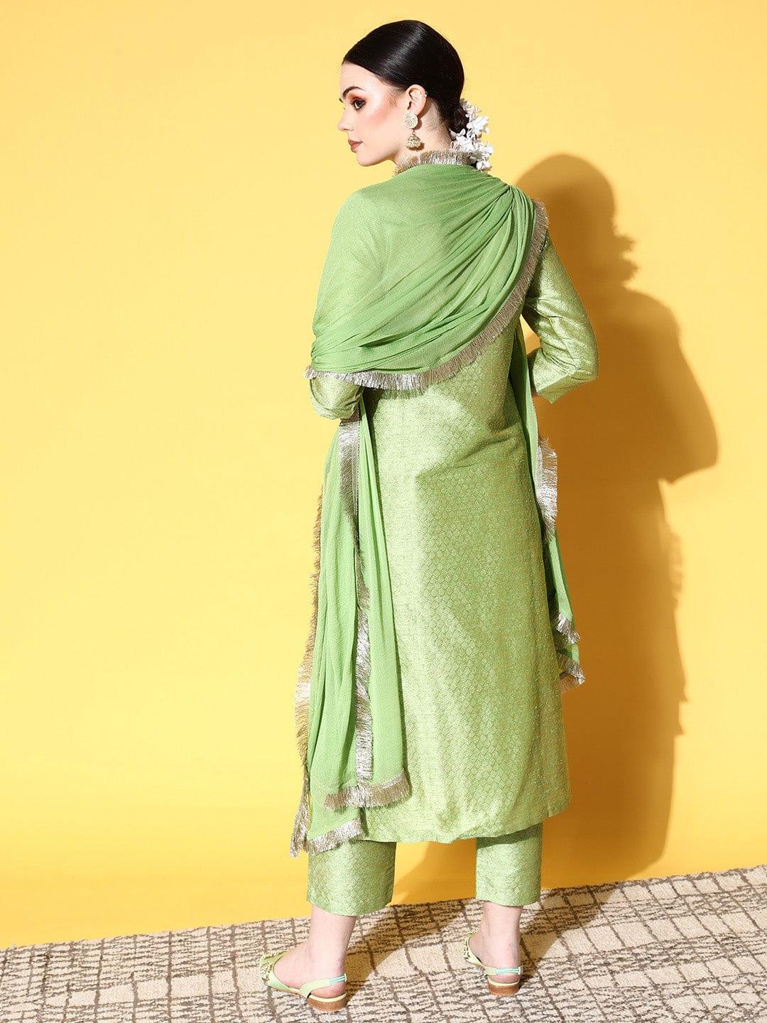 Varanga Women Green Ethnic Motifs Gotta Patti Kurta with Trousers & With Dupatta - Indiakreations