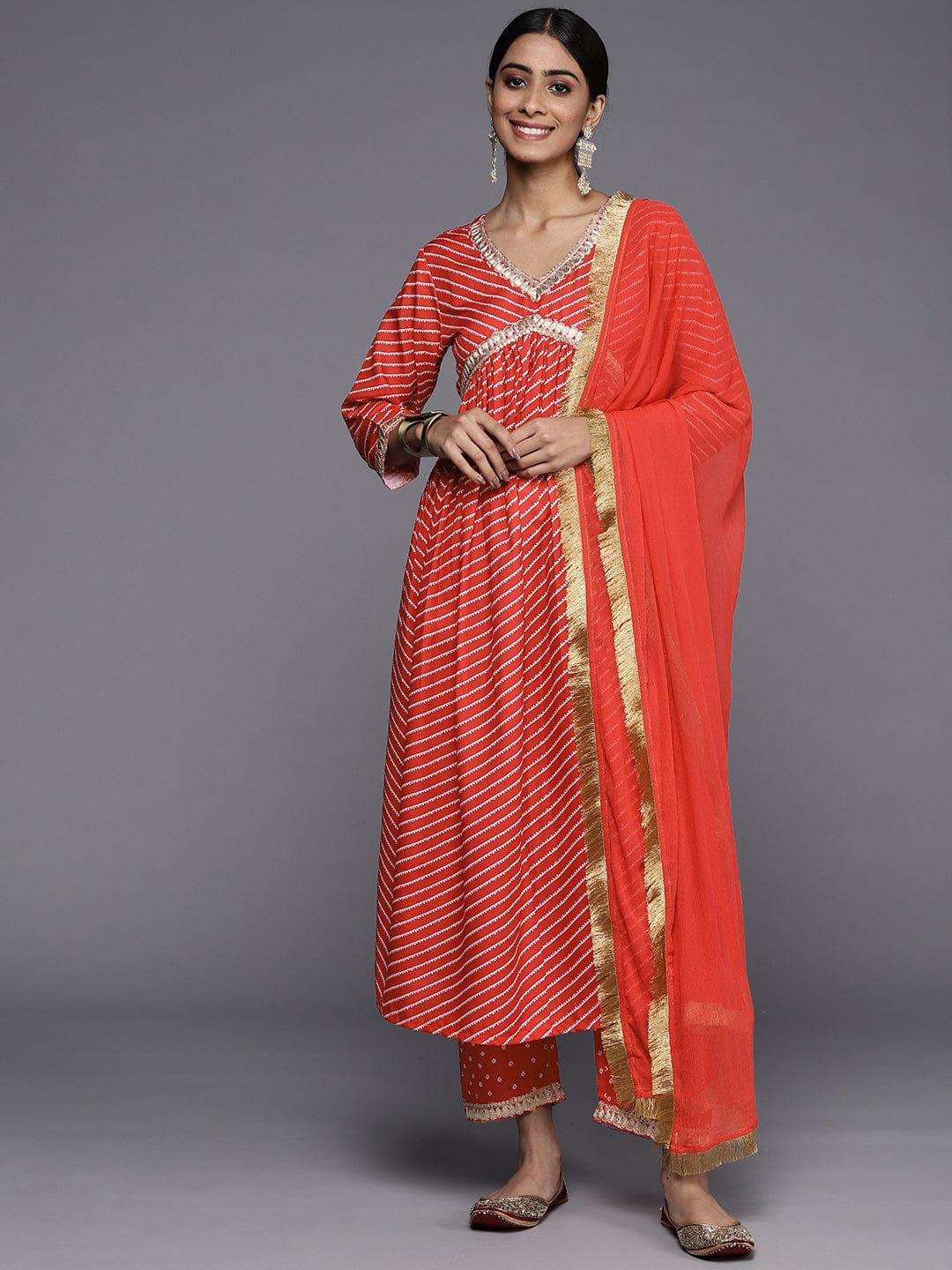 Varanga Women Red Leheriya Embroidered Empire Kurta with Trousers & With Dupatta - Indiakreations