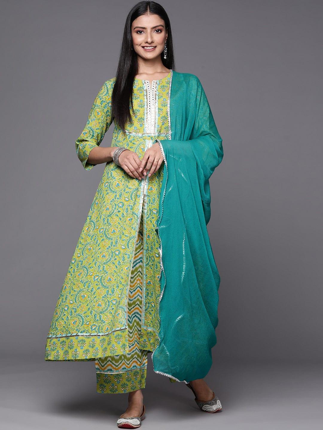 Varanga Women Green Floral Printed High Slit Mirror Work Pure Cotton Kurta with Palazzos & With Dupatta - Indiakreations