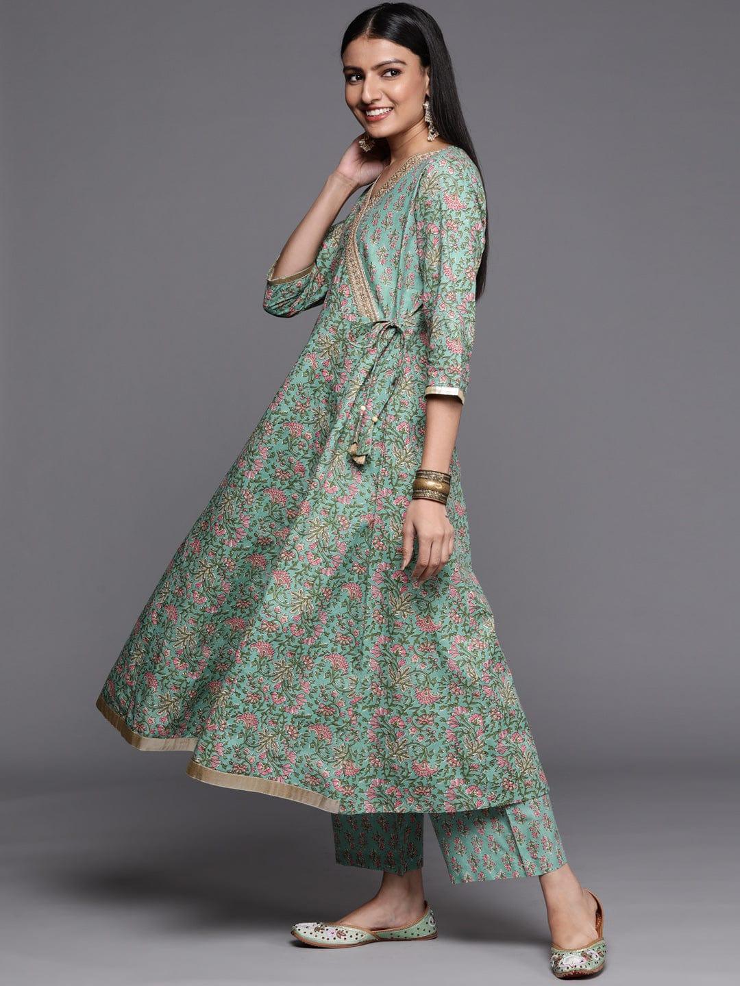 Varanga green floral printed anarkali kurta paired with straight palazzo - Indiakreations