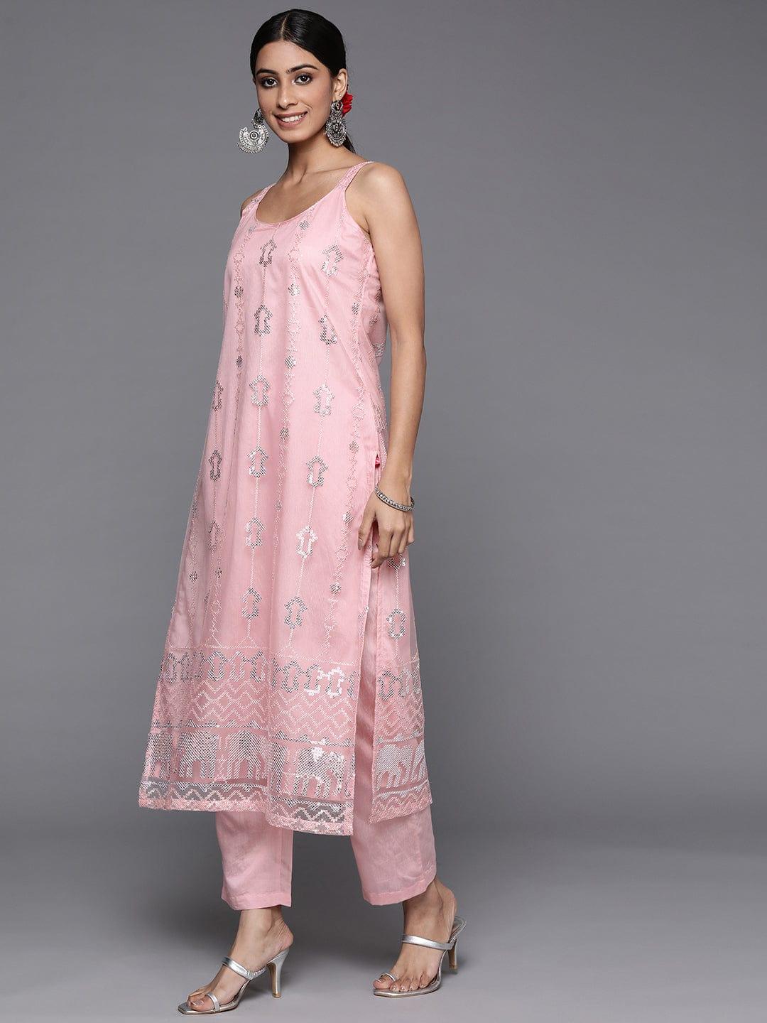 Varanga pink net embroidered strap style kurta paired with tonal bottom and dupatta - Indiakreations