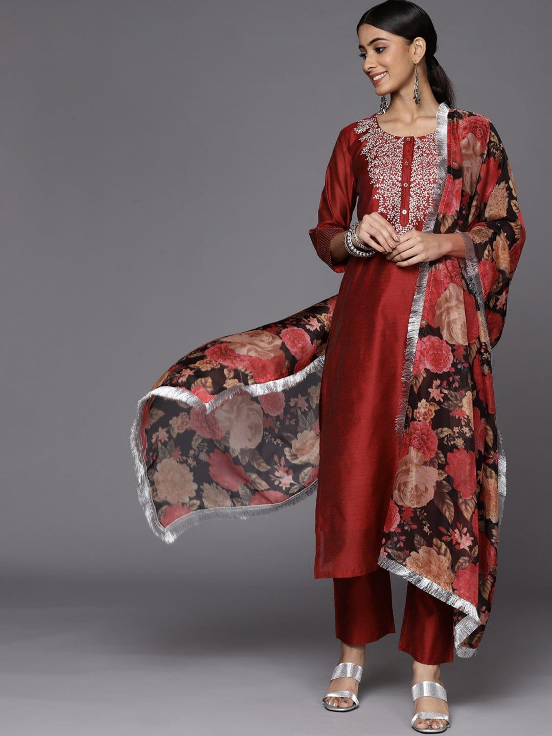 Varanga red embroidered kurta with tonal trouser and printed dupattta - Indiakreations