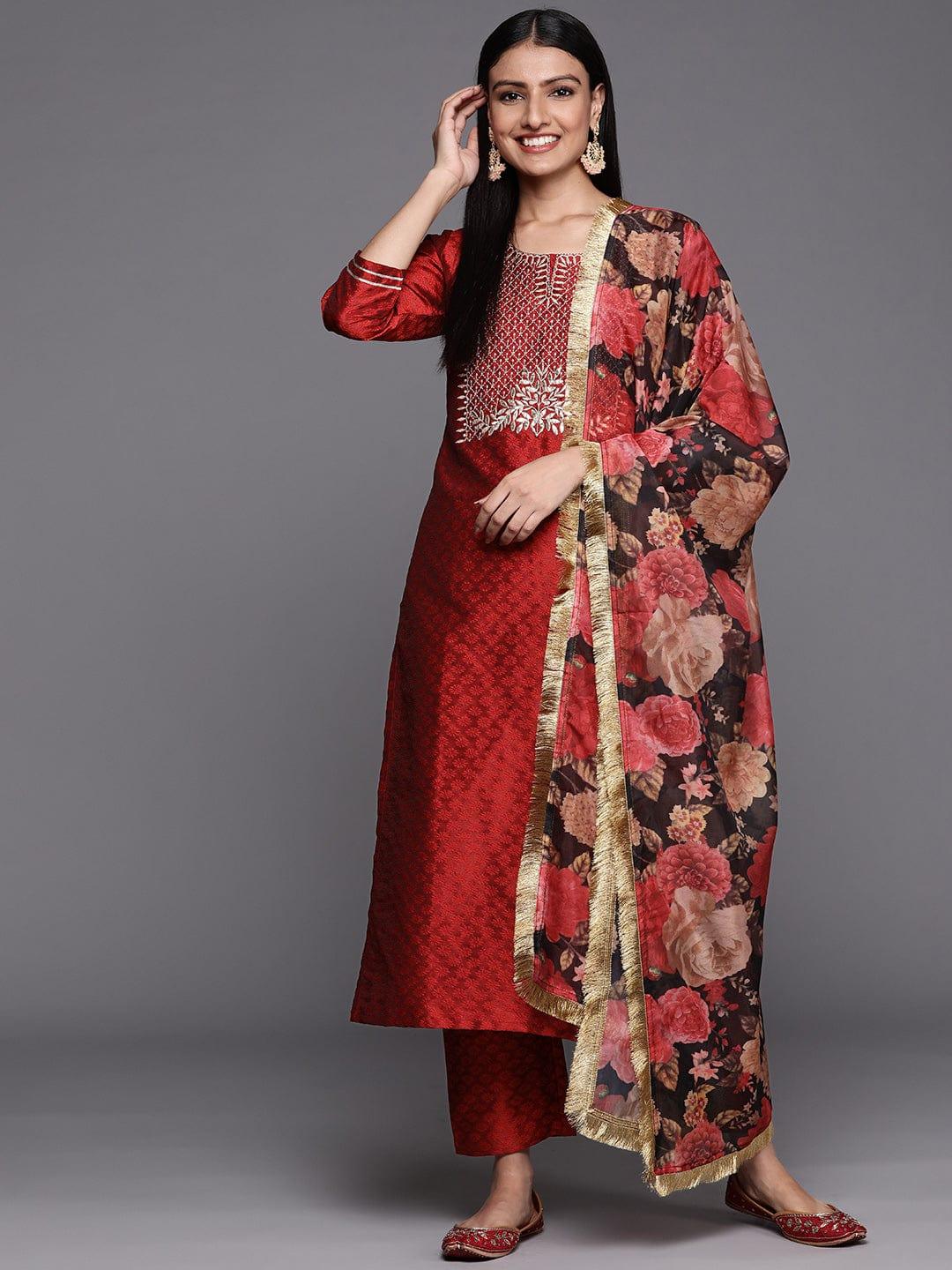 Varanga Red Embroidered Kurta Paired With Straight Bottom And Contrast Bottom - Indiakreations