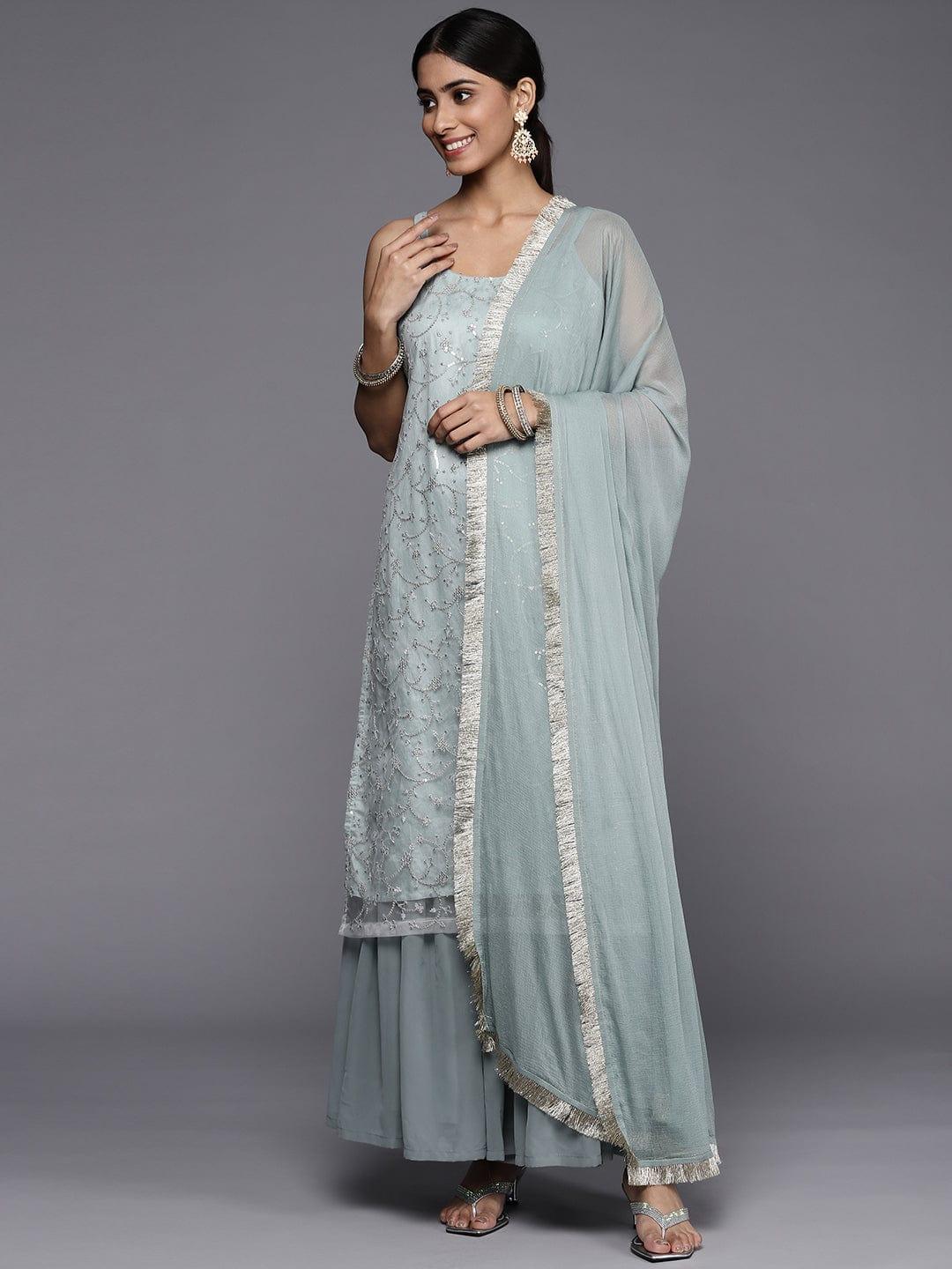 Varanga grey embroidered kurta paired with sharara and dupatta - Indiakreations