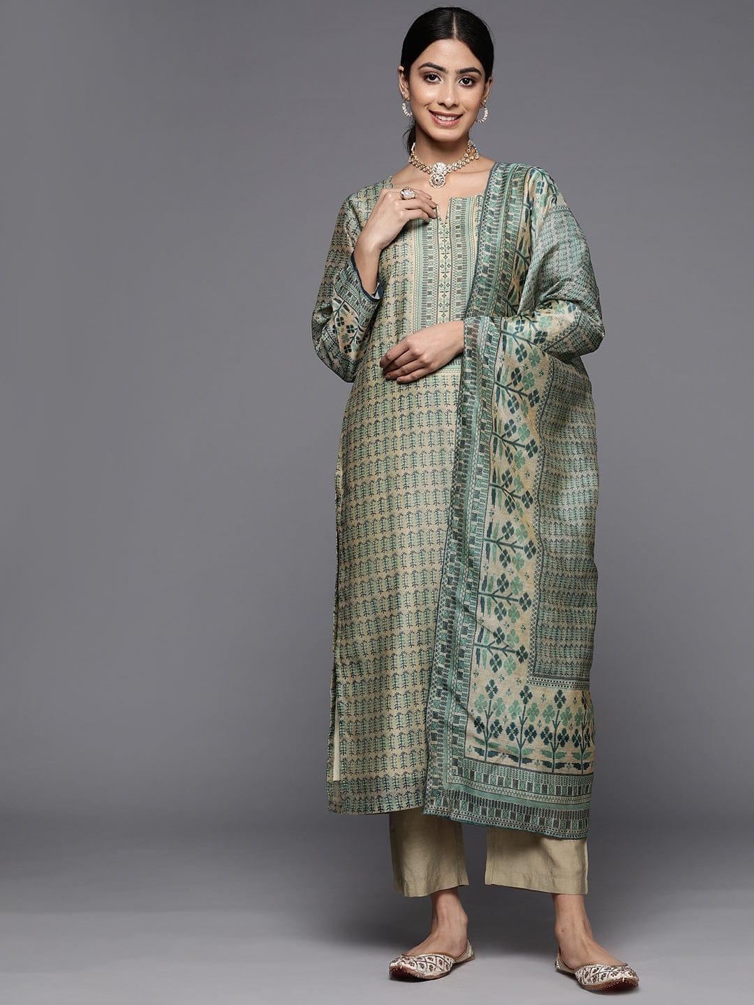 Varanga Ethnic Motifs Printed Chanderi Silk Kurta With Trousers & With Dupatta - Indiakreations