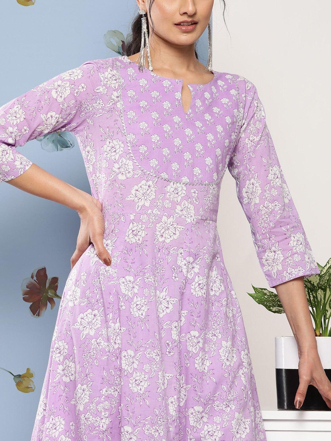 Varanga Women Purple Floral Printed Empire Gotta Patti Pure Cotton Kurta with Trousers - Indiakreations