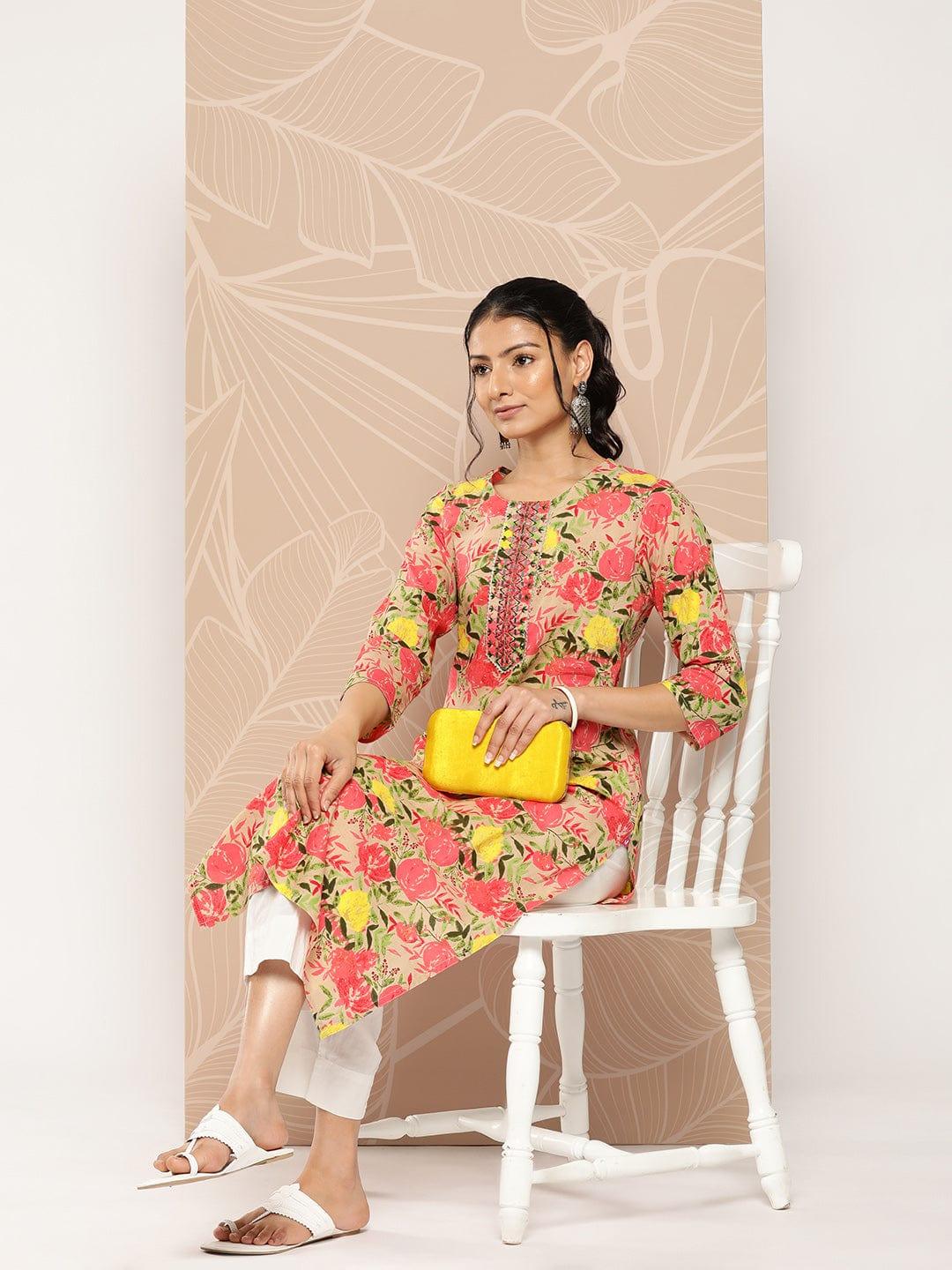 Varanga Women Beige & Pink Floral Printed Floral Kurta - Indiakreations