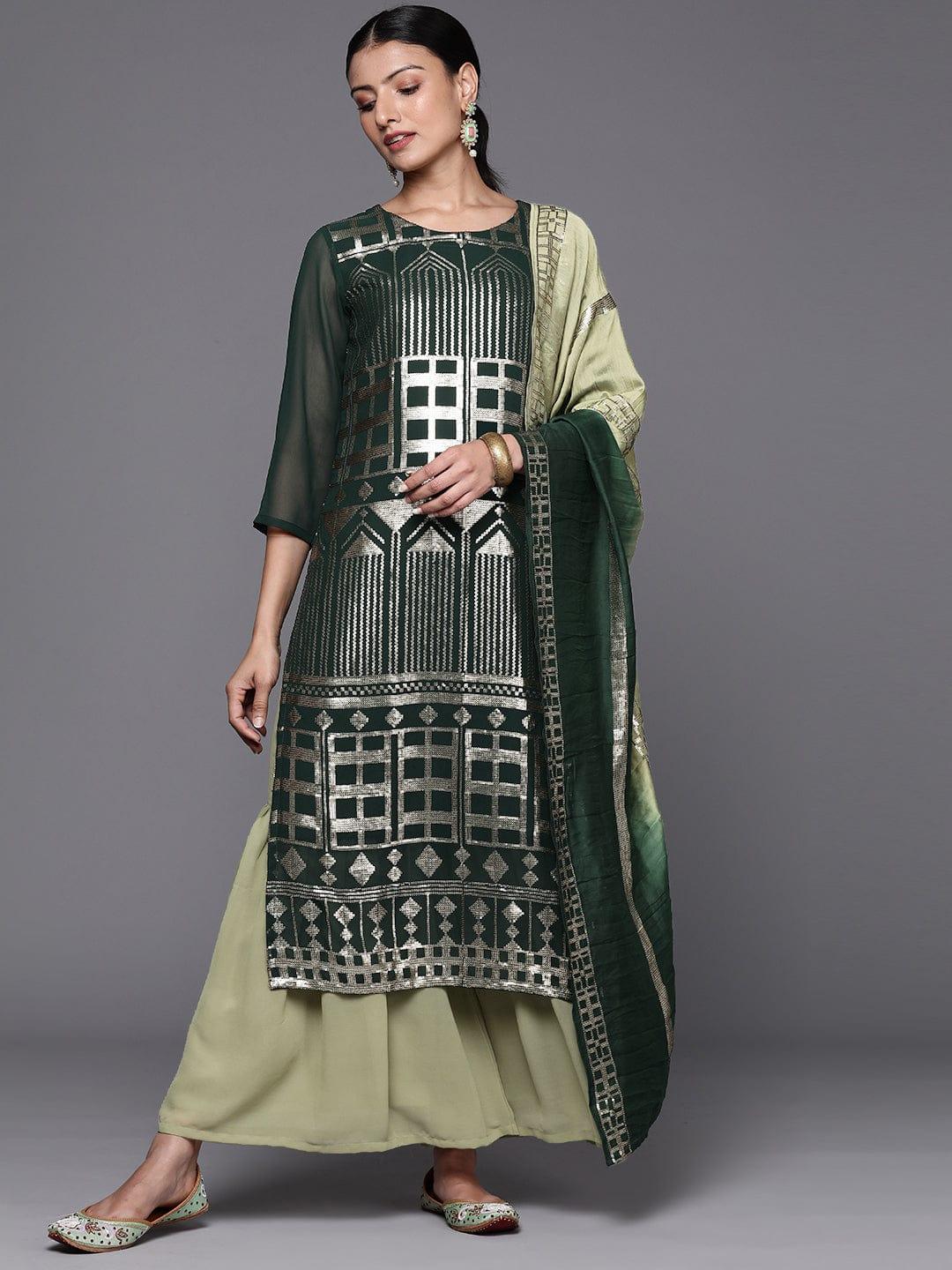 Varanga Women Green Silk Georgette Kurta with Sharara & With Dupatta - Indiakreations