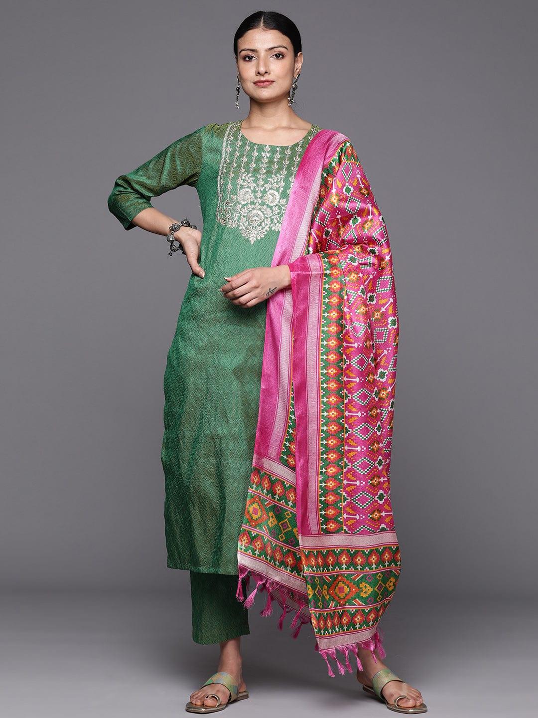 Varanga Women Green Ethnic Motifs Embroidered Kurta with Trousers & With Dupatta - Indiakreations