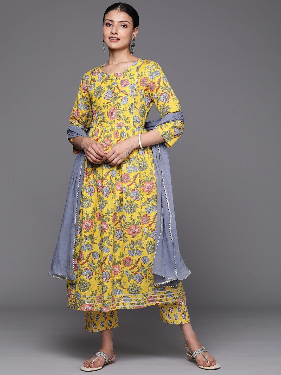 Varanga Women Yellow Empire Pure Cotton Kurta with Trousers & With Dupatta - Indiakreations