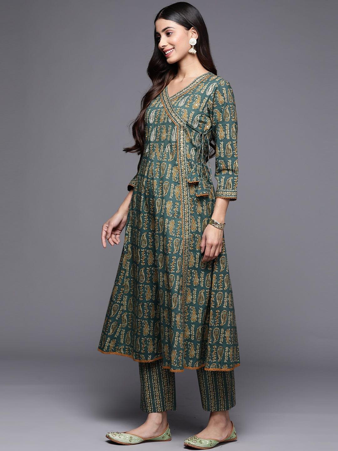 Varanga Women Green Paisley Printed Angrakha Pure Cotton Kurta With Trousers & With Dupatta - Indiakreations