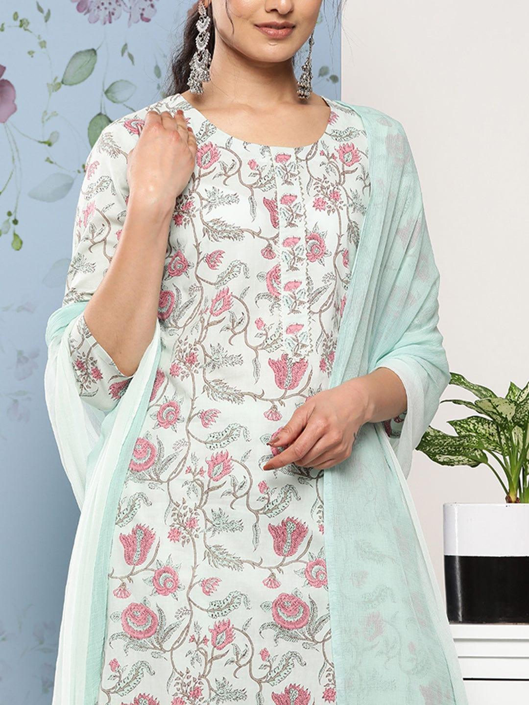 Varanga Women Blue Floral Printed Gotta Patti Pure Cotton Kurta with Trousers & With Dupatta - Indiakreations