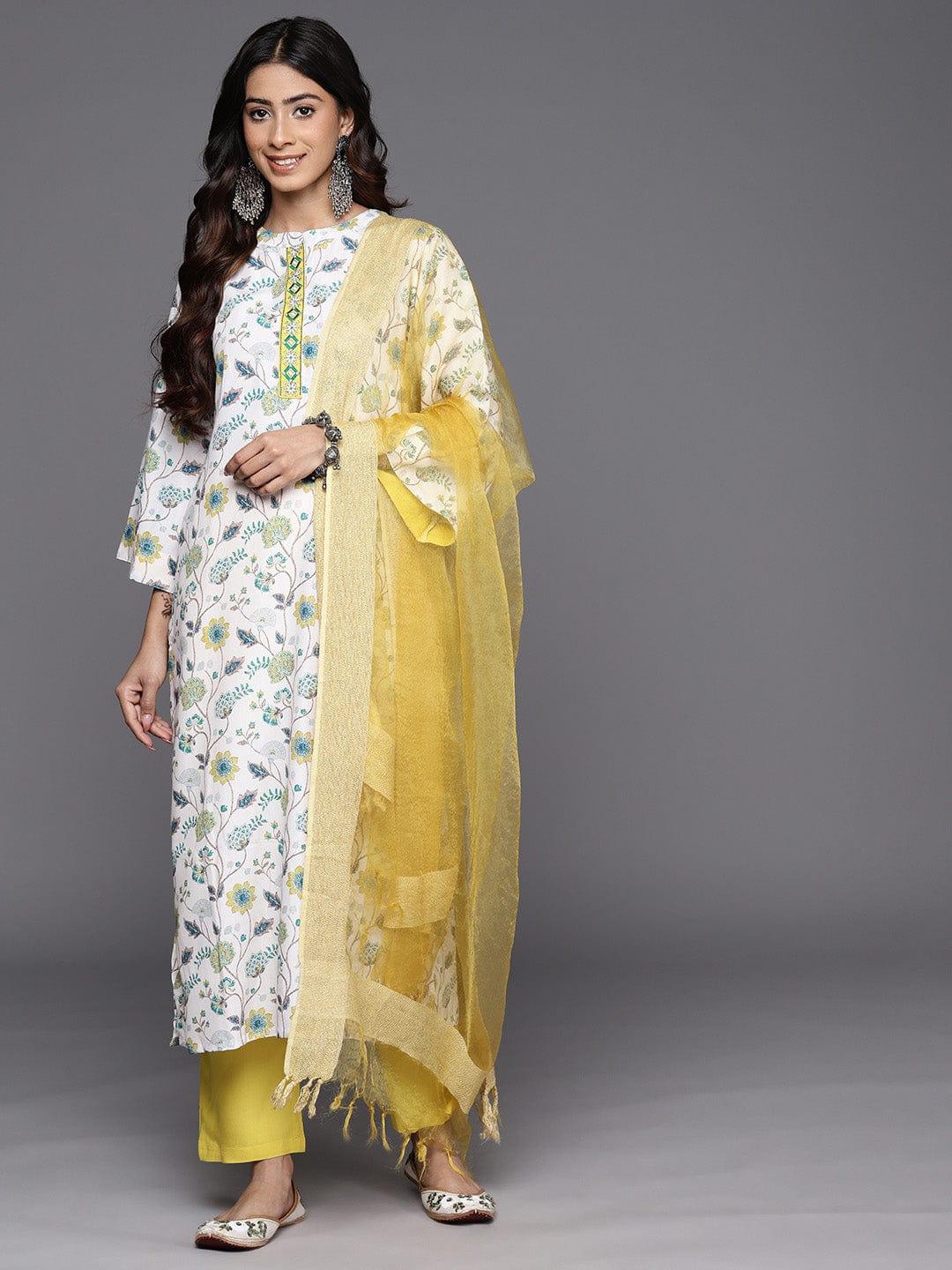 Varanga White Floral Printed Regular Thread Work Kurta With Trousers & Dupatta - Indiakreations