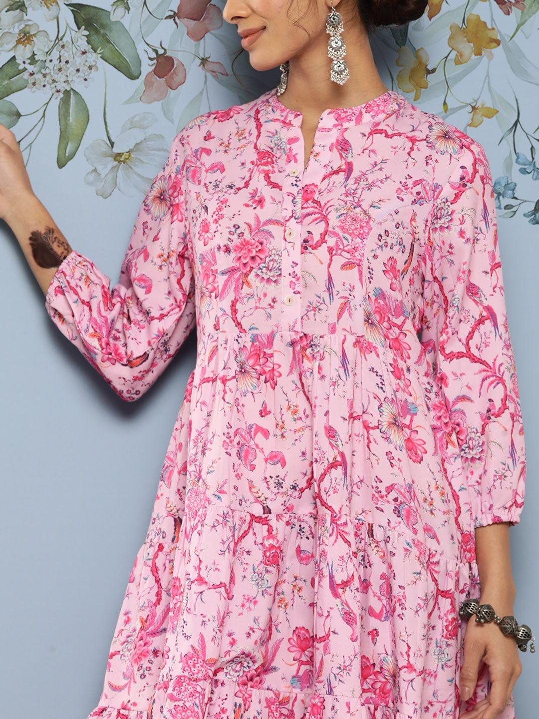 Varanga Pink & Blue Floral A-Line Dress - Indiakreations