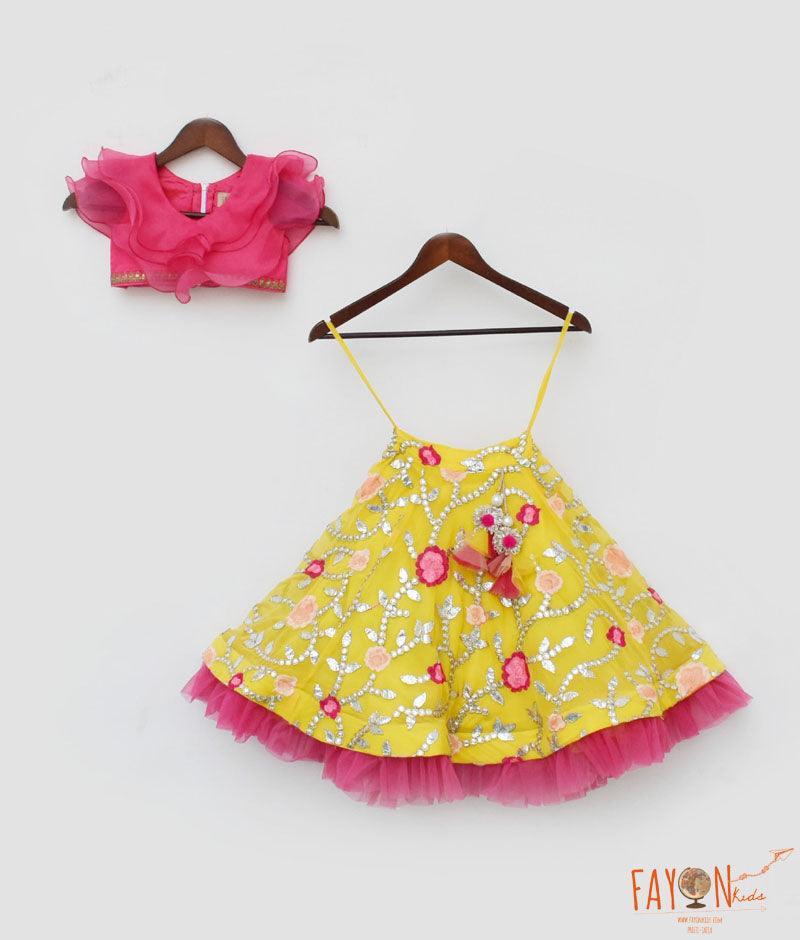 Girl's Pink Organza Frill Top And Yellow Embroidery Lehenga - Fayon Kids - Indiakreations