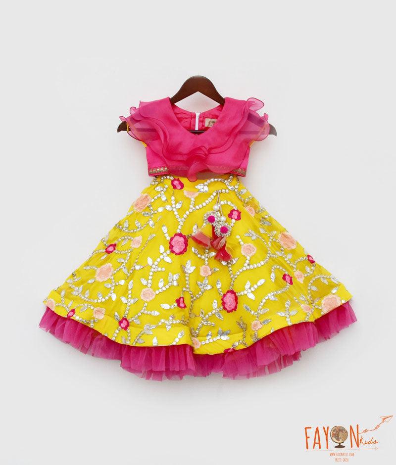 Girl's Pink Organza Frill Top And Yellow Embroidery Lehenga - Fayon Kids - Indiakreations