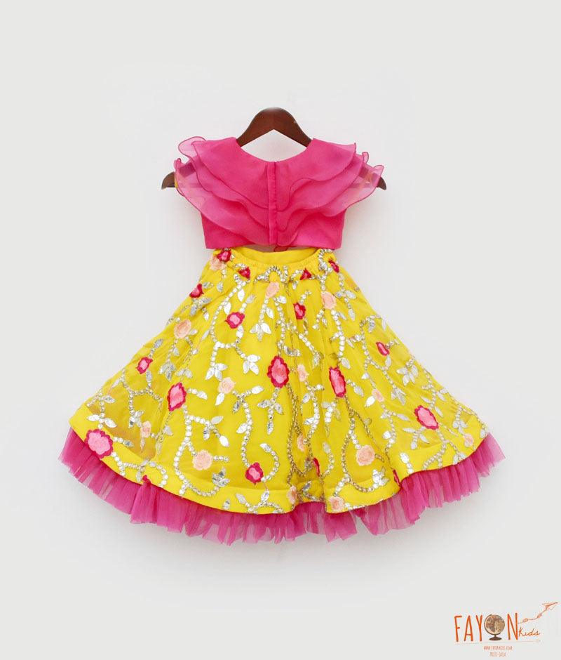 Girl's Pink Organza Frill Top And Yellow Embroidery Lehenga - Fayon Kids - Indiakreations