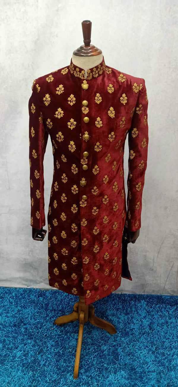 Men's Designer Maroon Velevt Sherwani