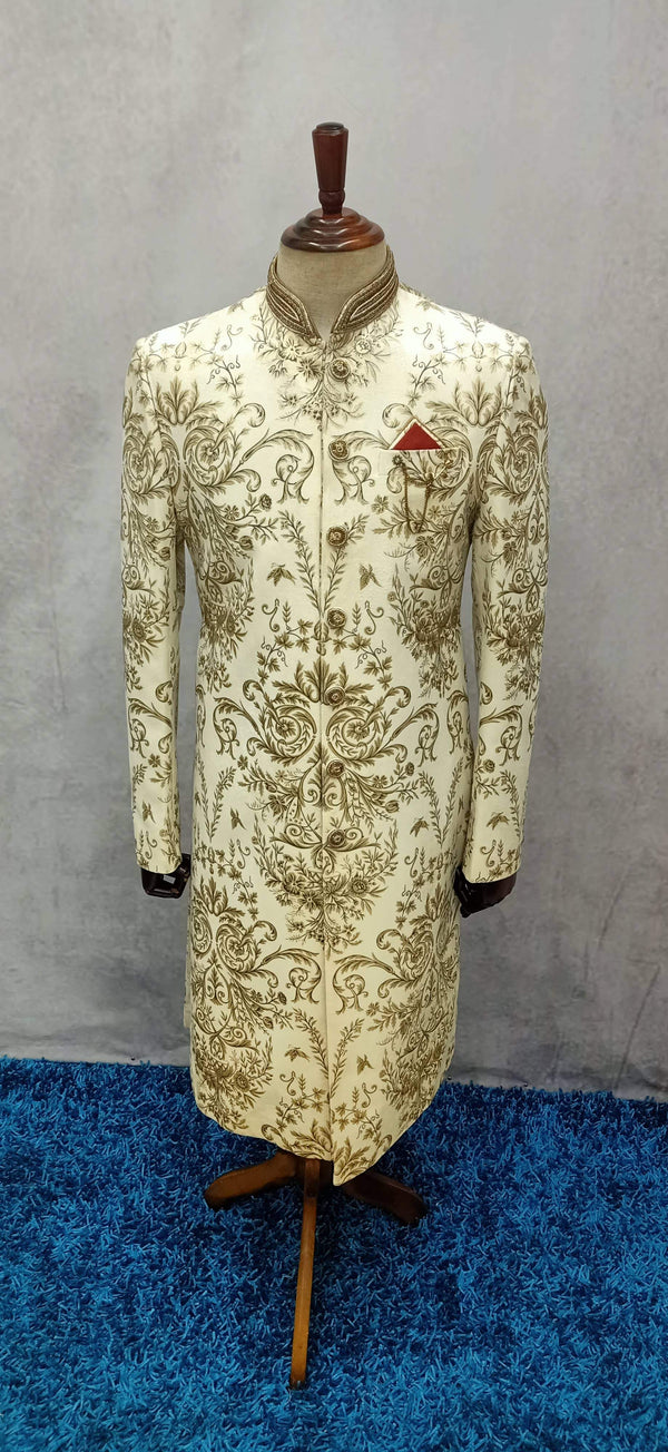 Cream-Gold Flawn Floral Sherwani