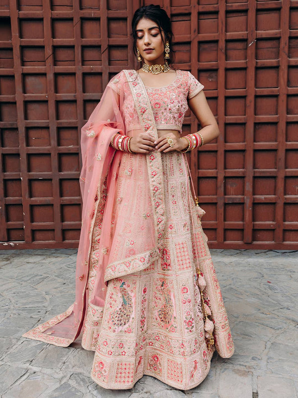 Peach-Pink Velvet Lehenga With Marvellous Peacock Motifs And Organza Dupatta