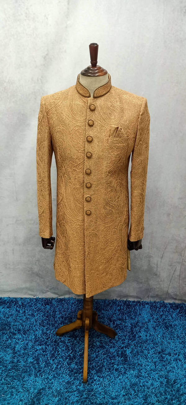 Beige Woven Men's Silk Sherwani