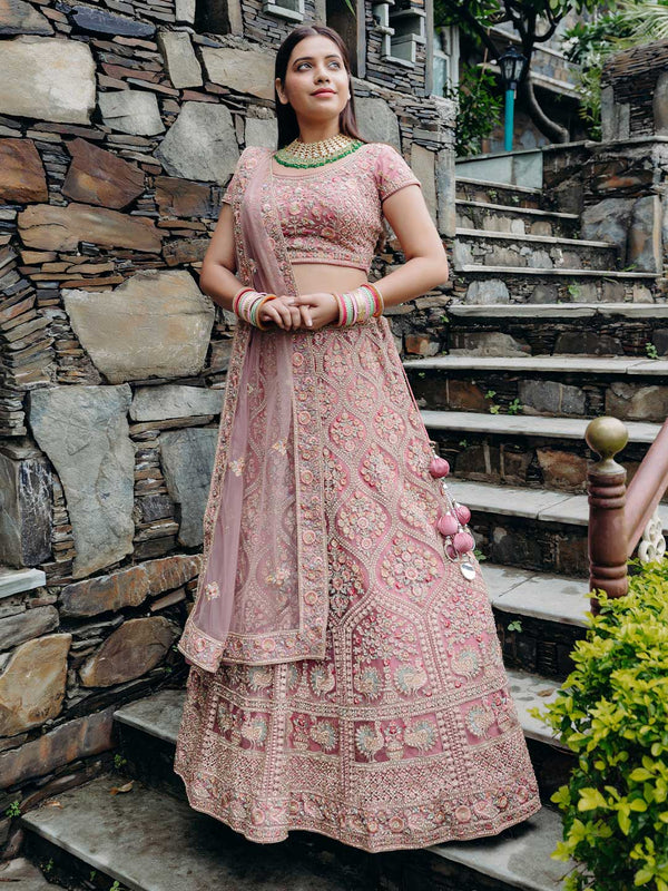 Rose Pink Exquisite Unstitched Lehenga With Rich Intricate Embroidery & Organza Dupatta