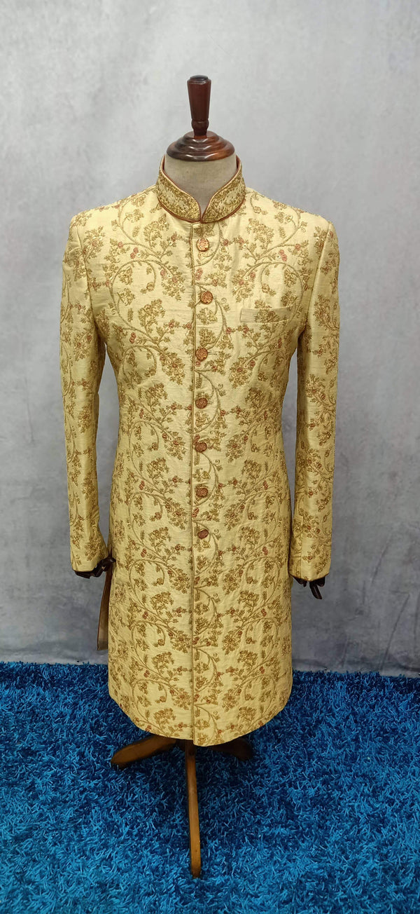 Cream-Gold Flawn Floral Sherwani