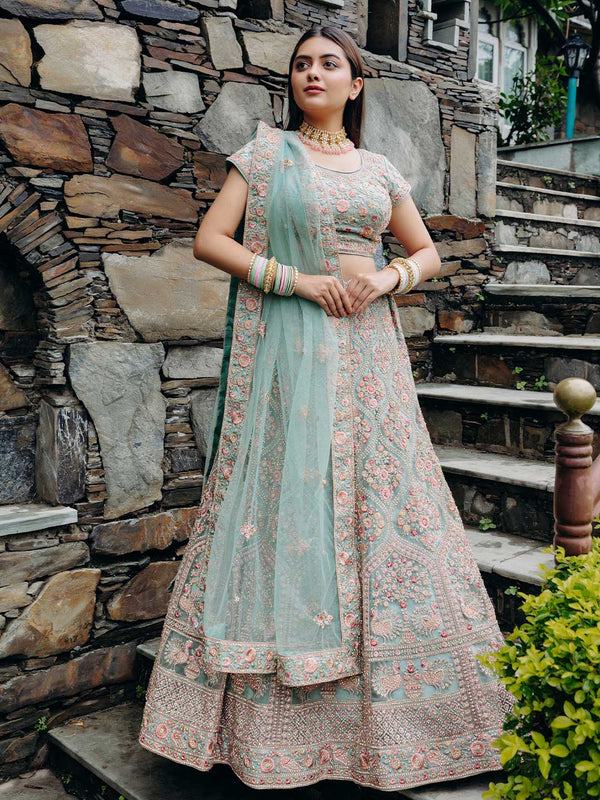 Charming Persian Green Lehenga Enriched With Intricate Embroidery & Organza Dupatta