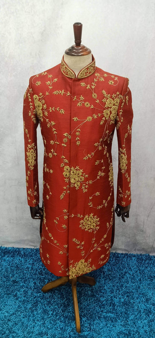 Red-Gold Designer Silk Sherwani