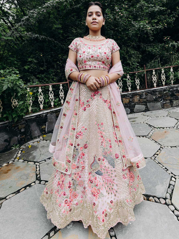 Rose Pink Exquisite Unstitched Lehenga With Rich Intricate Embroidery & Peacock Motifs,