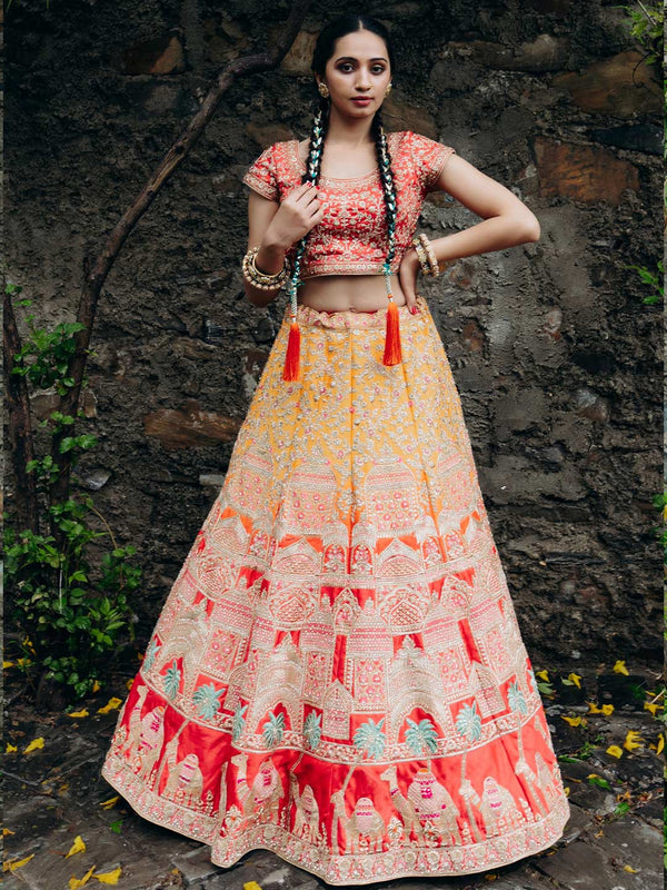 Unique Orange & Yellow Designer Unstitched Lehenga