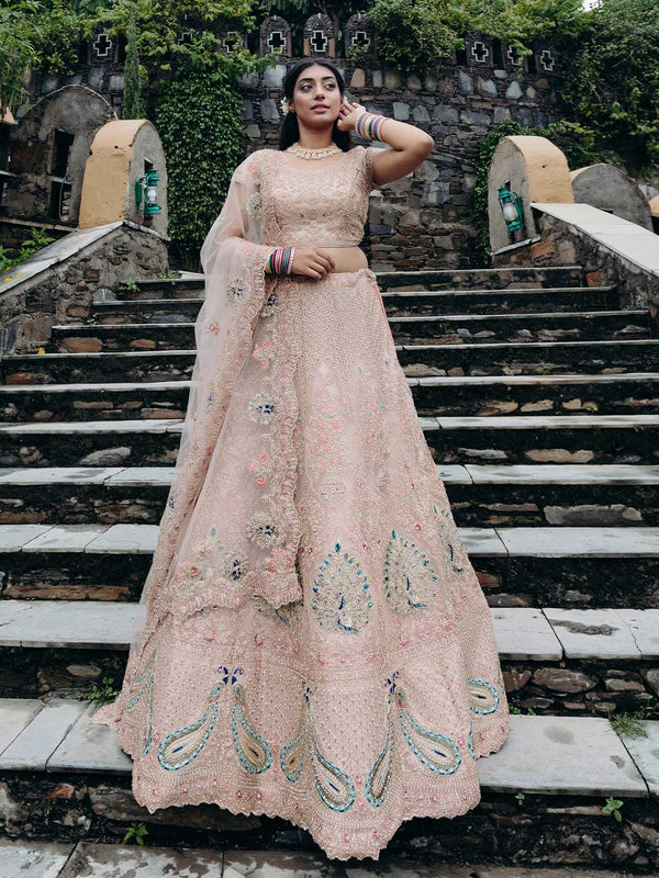 Queenly Light Pink Embroidered Unstitched Lehenga Adorned With Peacock Motifs