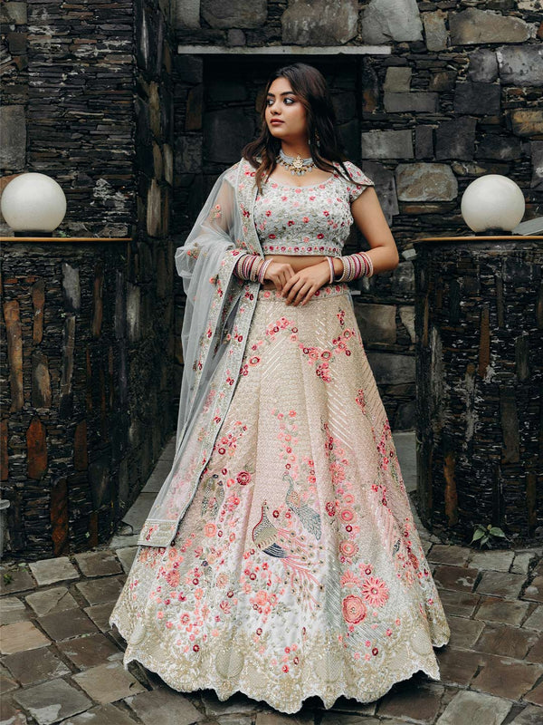 Off White Off Beat Designer Unstitched Lehenga Matched With Floral Embroidered Ivory Blouse