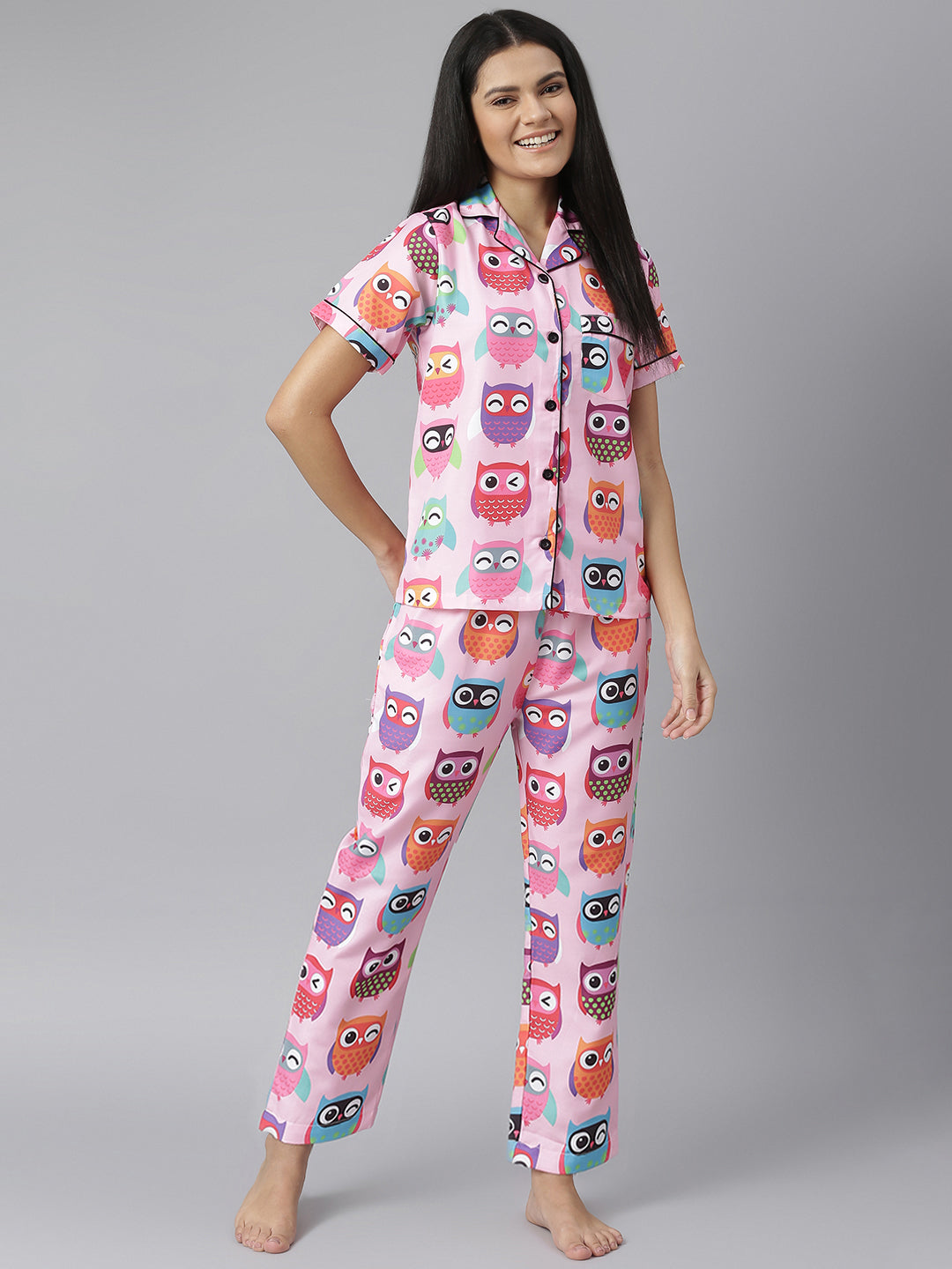 Women's Pink Owl Digital Print Night Suit Set - Stylestone