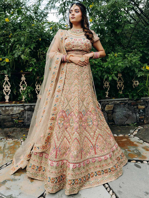 Cream Dreamlike Unstitched Lehenga With Intricate Ethnic Work In Chevron