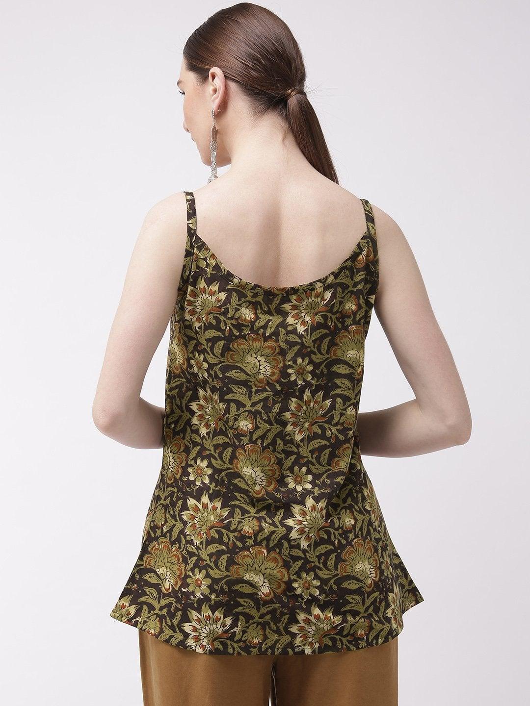 Women's Spagheti Top Kalamkari Green - InWeave - Indiakreations