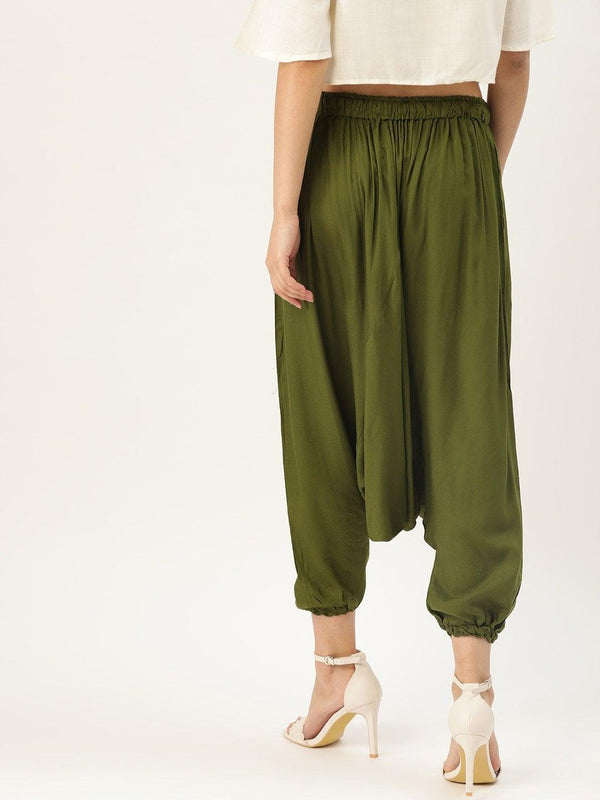 Women's Harem Pants - Olive Green - InWeave - Indiakreations