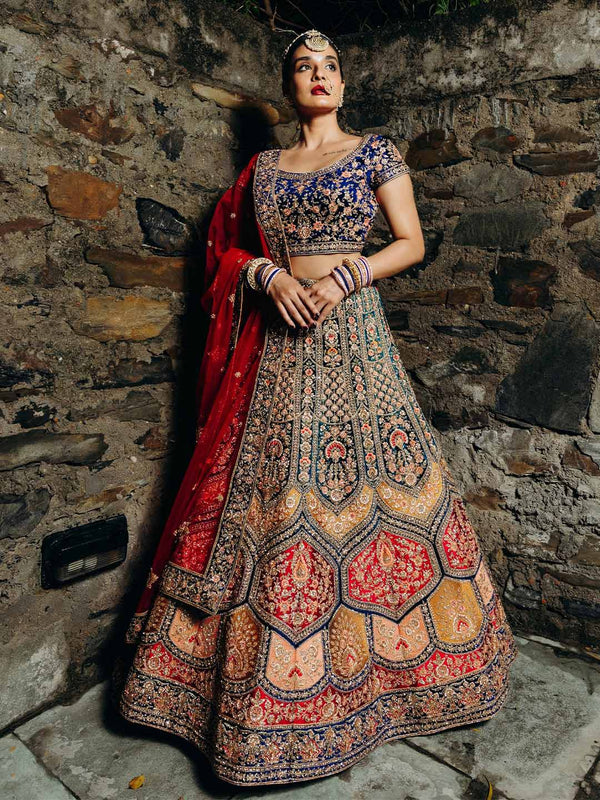 Royal Blue Velvet Lehenga With Heavy Embroidery And Contrasting Red Dupatta