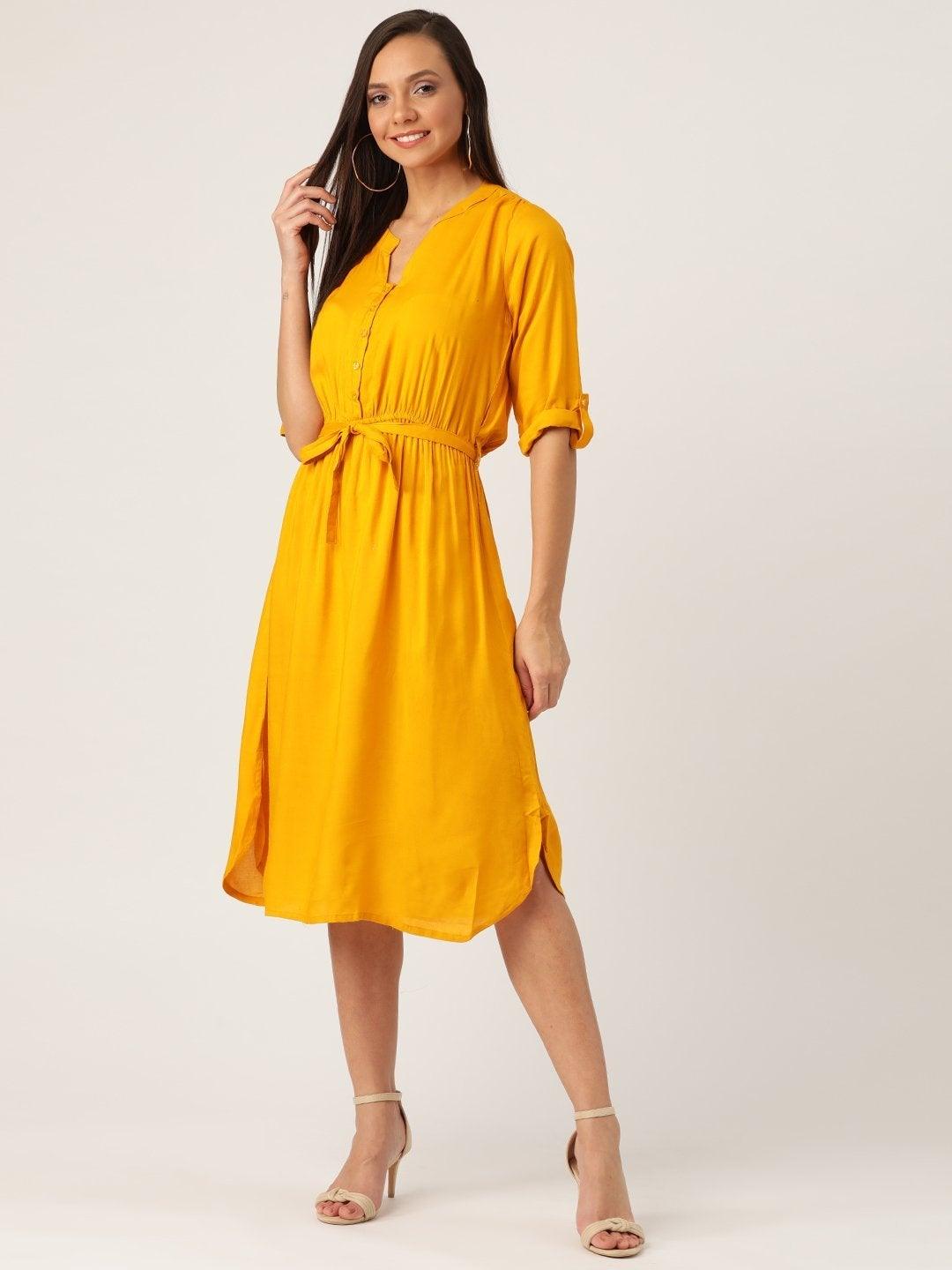 Women's Mustard Dress With Belt - InWeave - Indiakreations