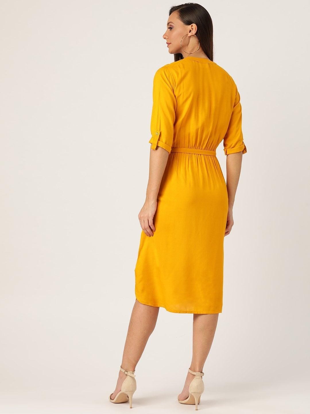 Women's Mustard Dress With Belt - InWeave - Indiakreations