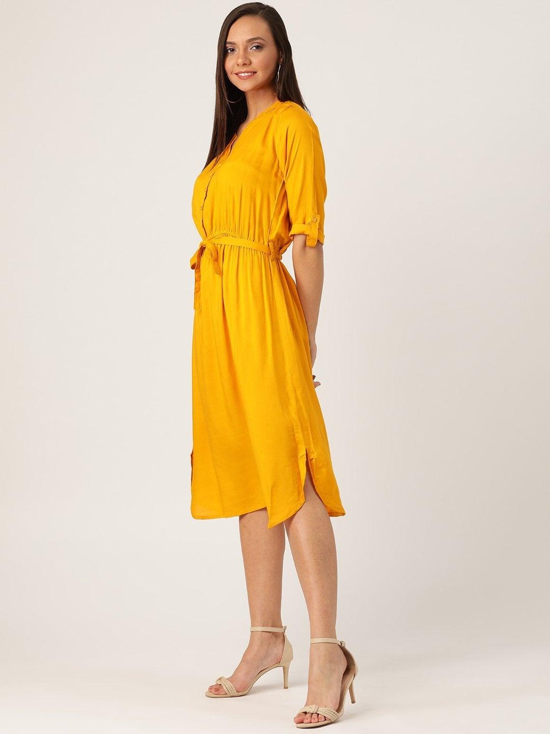 Women's Mustard Dress With Belt - InWeave - Indiakreations