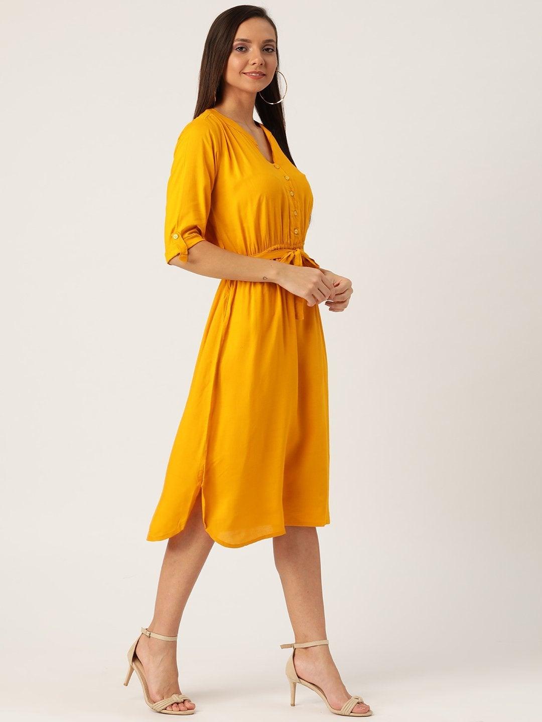 Women's Mustard Dress With Belt - InWeave - Indiakreations