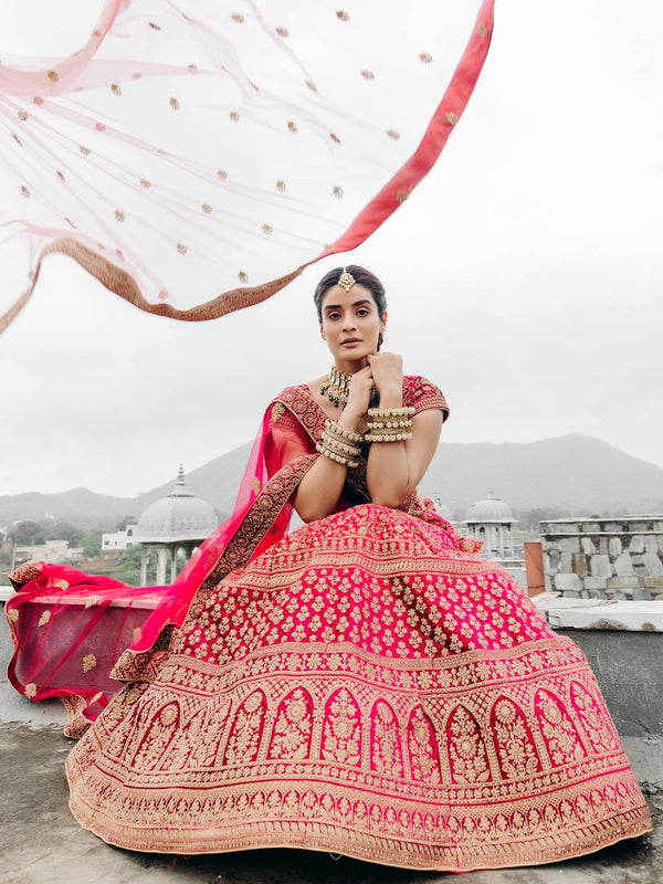 Alluring Red Ideal Bridal Lehenga Enriched With Golden Detailing All Over