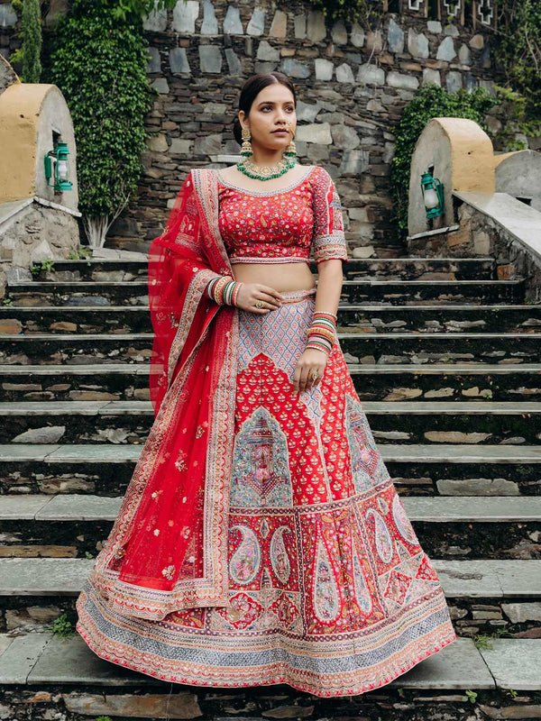 Ideal Bridal Red Designer Unstitched Lehenga Enriched With Embroidery & Work