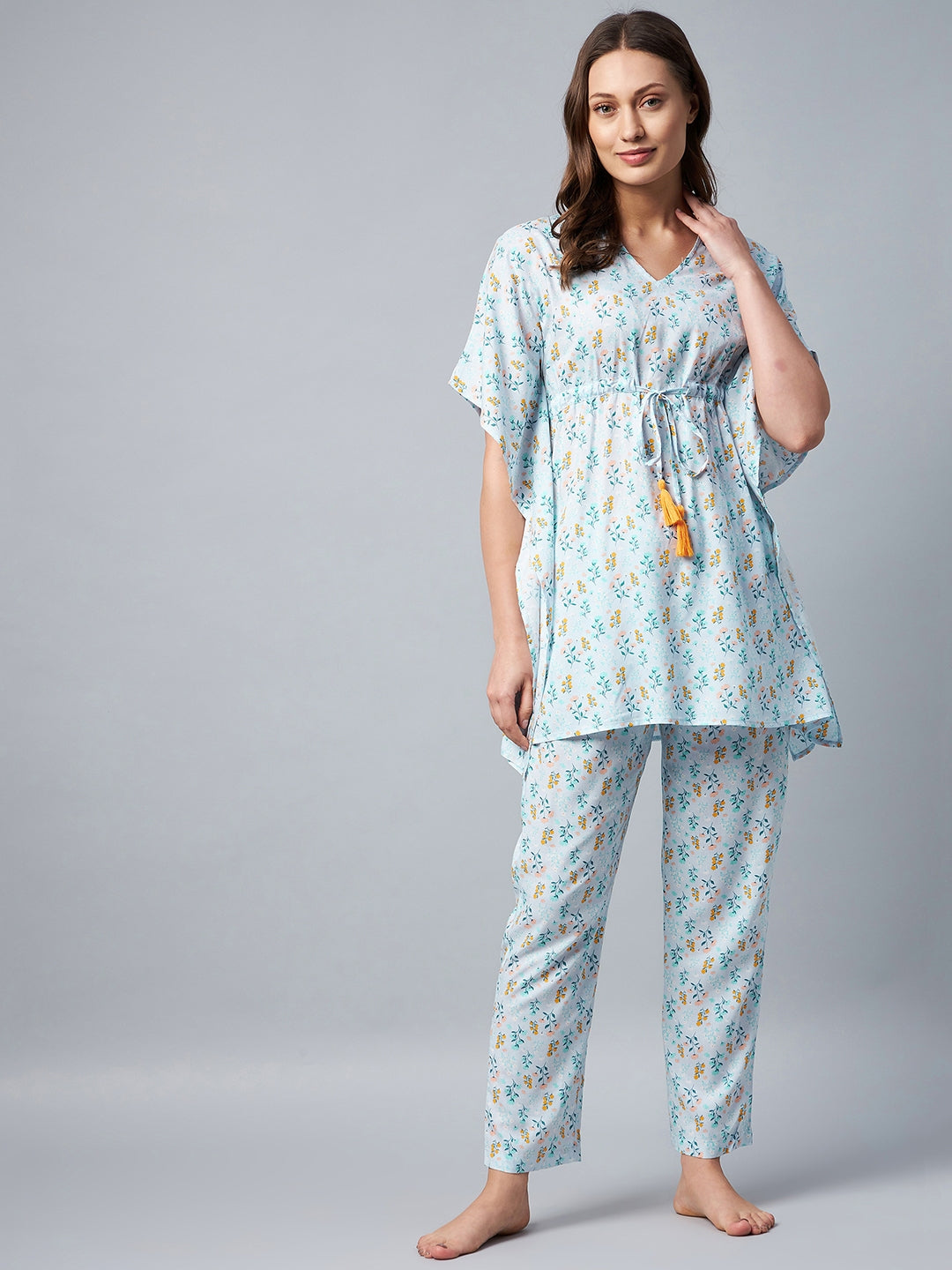 Women's Light Blue Floral Printed Kaftan Set - Stylestone